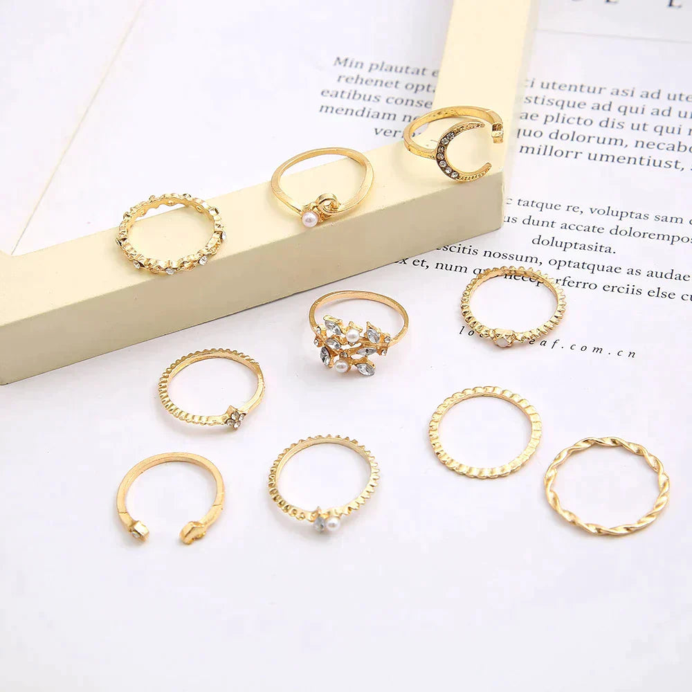 Set di 10 anelli eleganti bohemien in argento e placcato oro per un look sofisticato