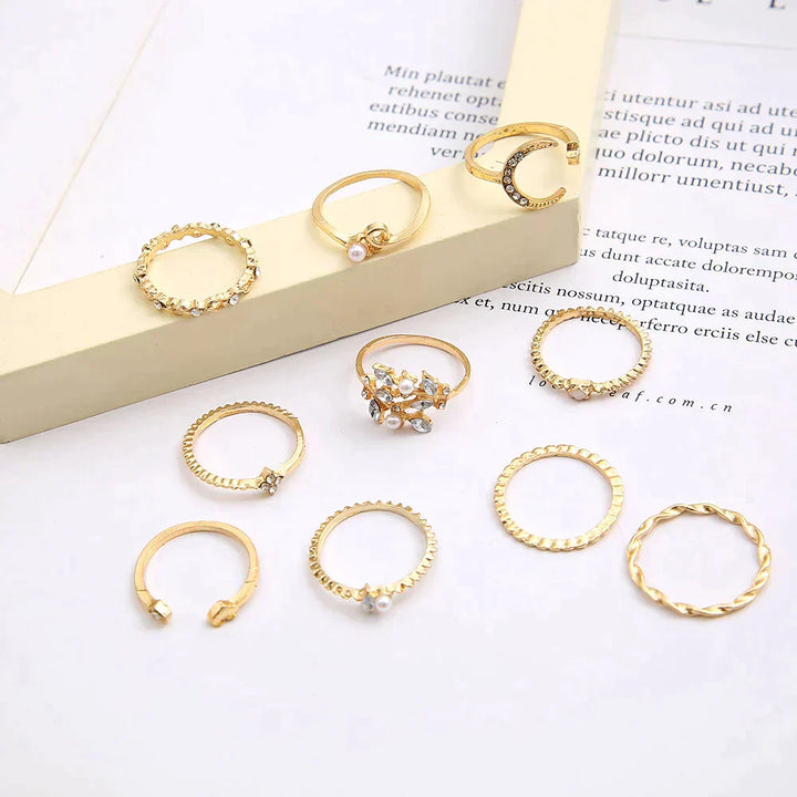 Set di 10 anelli eleganti bohemien in argento e placcato oro per un look sofisticato