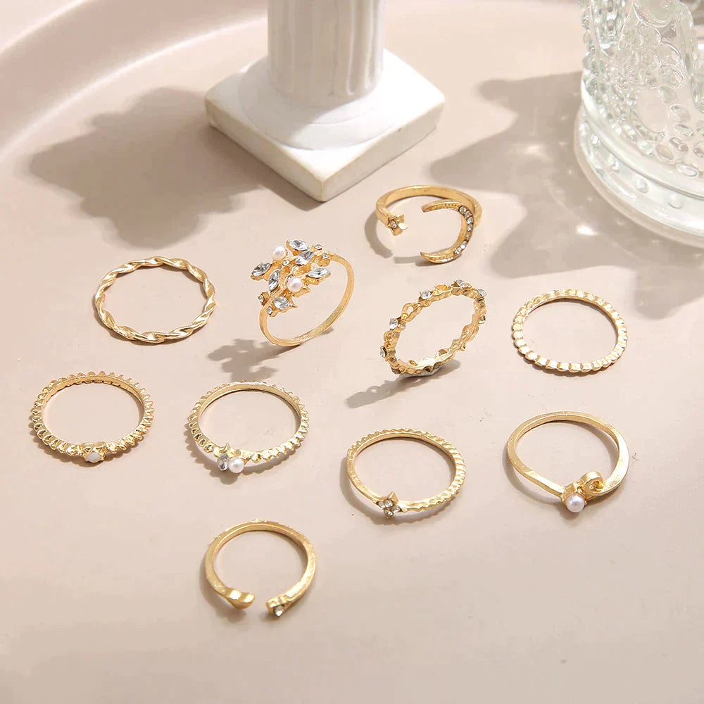 Set di 10 anelli eleganti bohemien in argento e placcato oro per un look sofisticato
