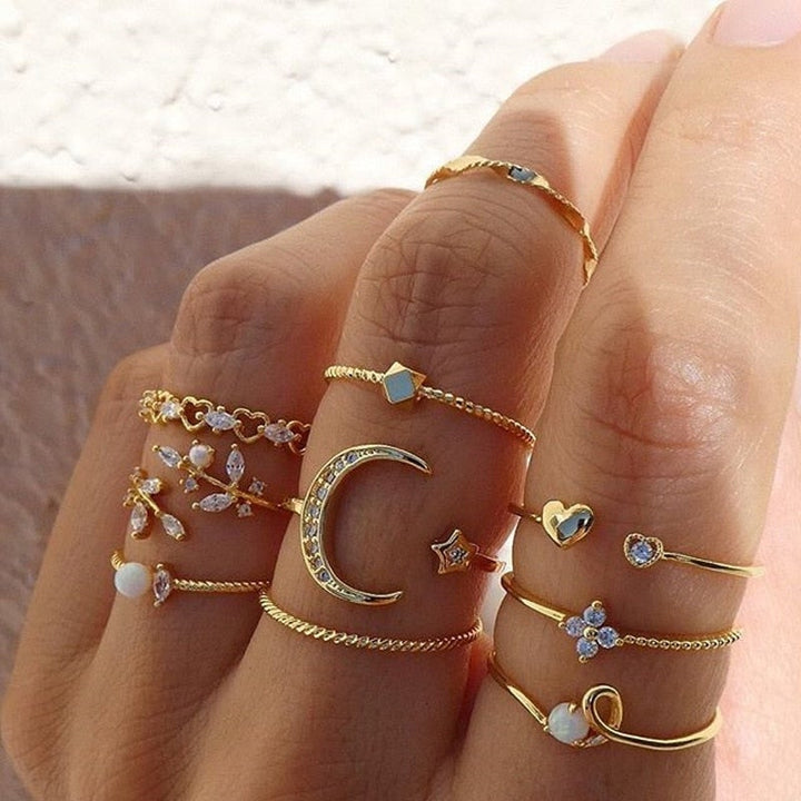 Set di 10 anelli eleganti bohemien in argento e placcato oro per un look sofisticato