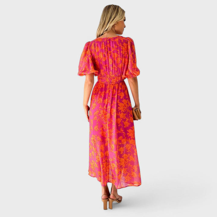 Katty | Abito midi floreale con maniche a sbuffo e scollo a V