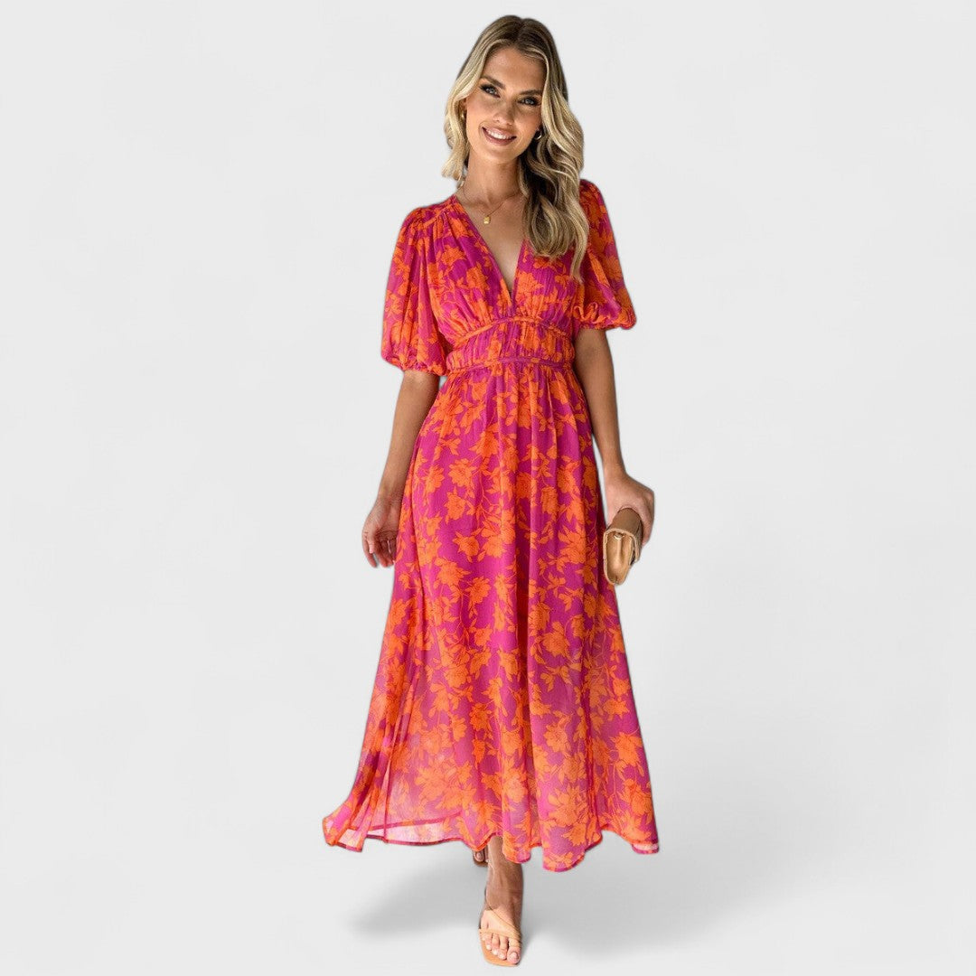Katty | Abito midi floreale con maniche a sbuffo e scollo a V