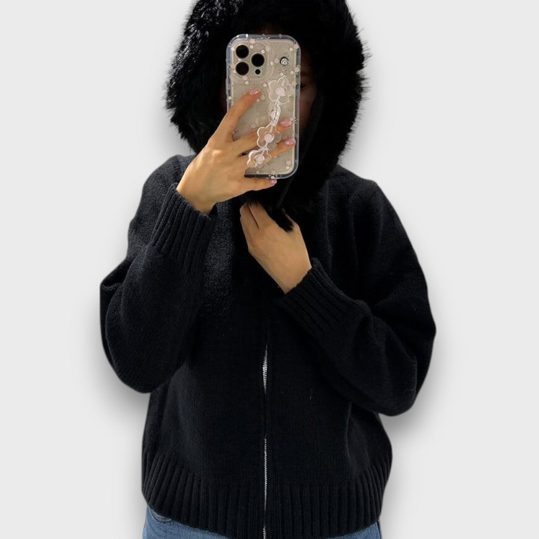 Alisanne – Giacca a maglia con zip e colletto in pelliccia sintetica