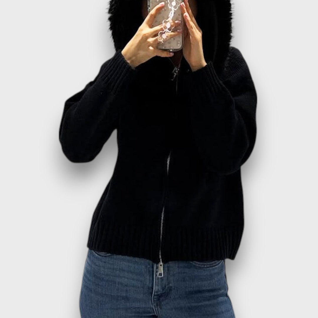 Alisanne – Giacca a maglia con zip e colletto in pelliccia sintetica