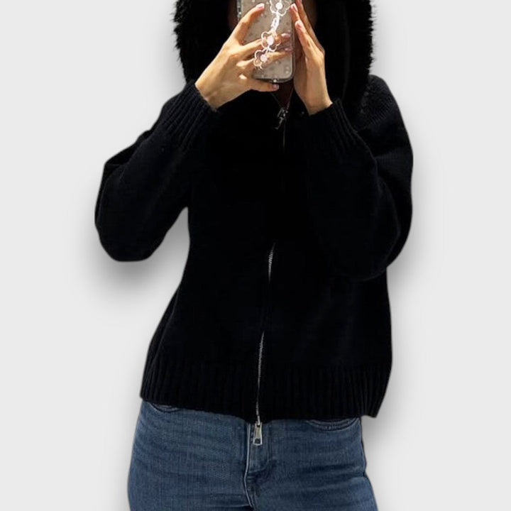 Alisanne – Giacca a maglia con zip e colletto in pelliccia sintetica