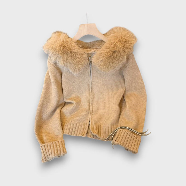 Alisanne – Giacca a maglia con zip e colletto in pelliccia sintetica