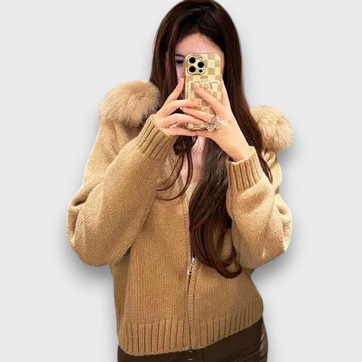 Alisanne – Giacca a maglia con zip e colletto in pelliccia sintetica