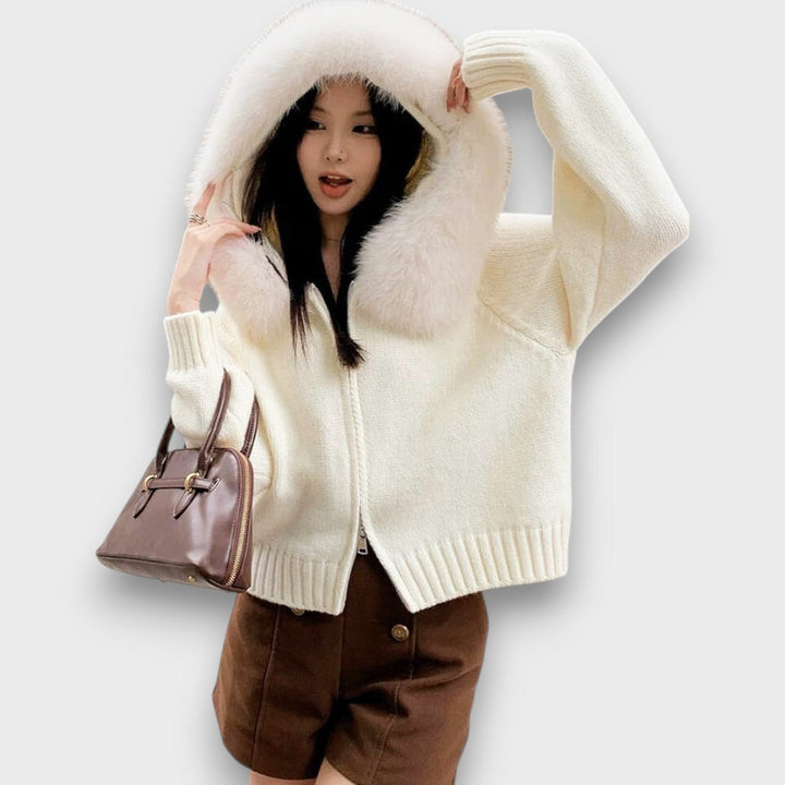 Alisanne – Giacca a maglia con zip e colletto in pelliccia sintetica