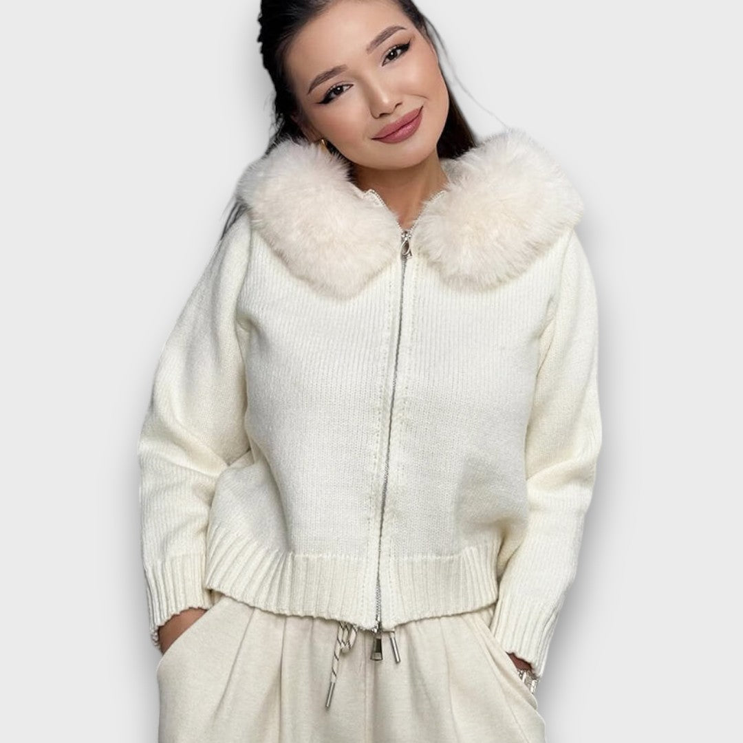 Alisanne – Giacca a maglia con zip e colletto in pelliccia sintetica