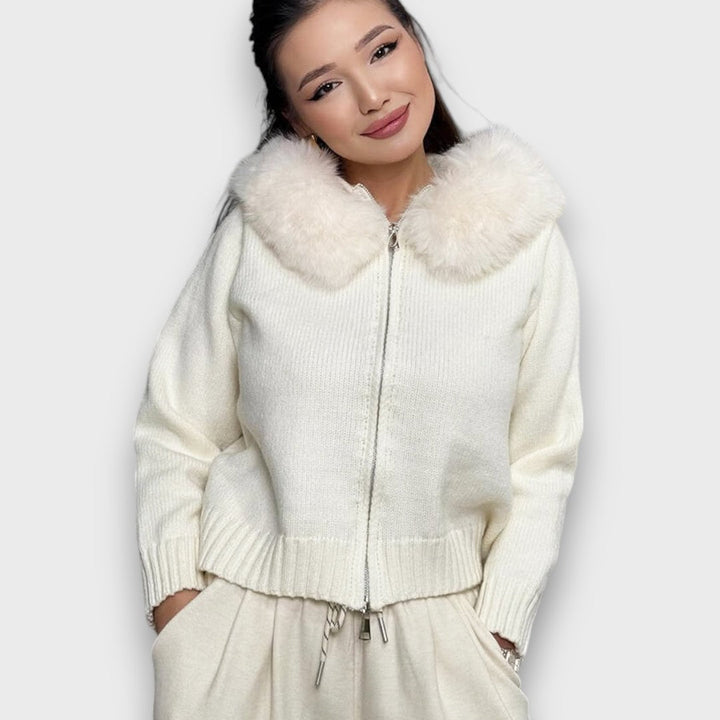 Alisanne – Giacca a maglia con zip e colletto in pelliccia sintetica