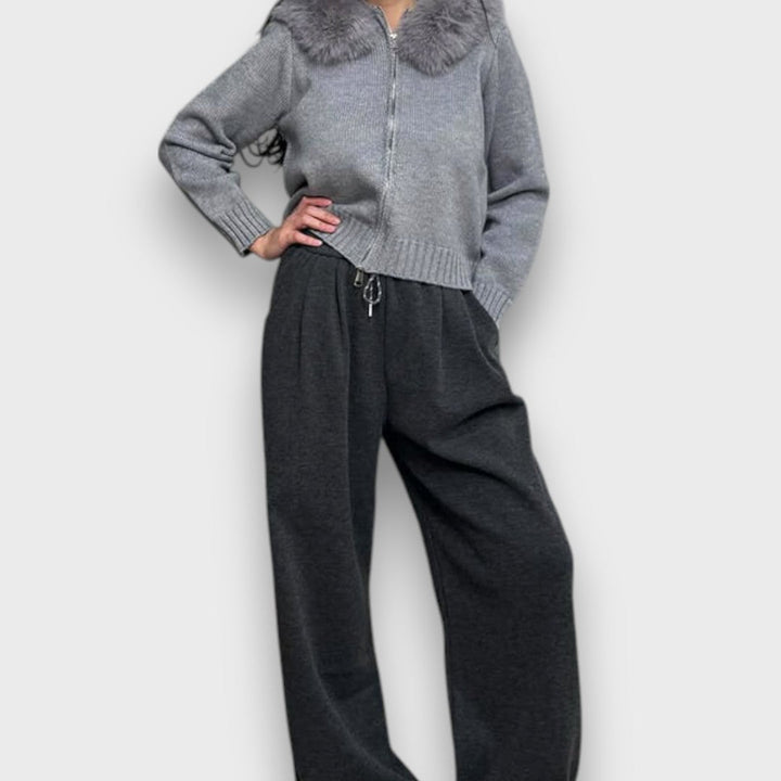 Alisanne – Giacca a maglia con zip e colletto in pelliccia sintetica