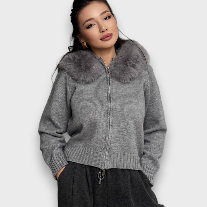 Alisanne – Giacca a maglia con zip e colletto in pelliccia sintetica