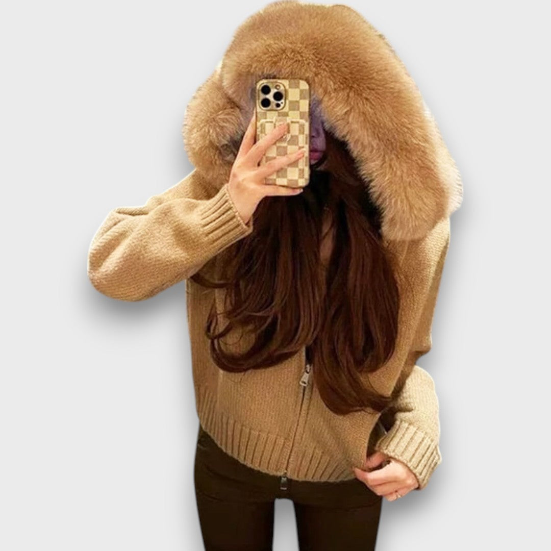 Alisanne – Giacca a maglia con zip e colletto in pelliccia sintetica