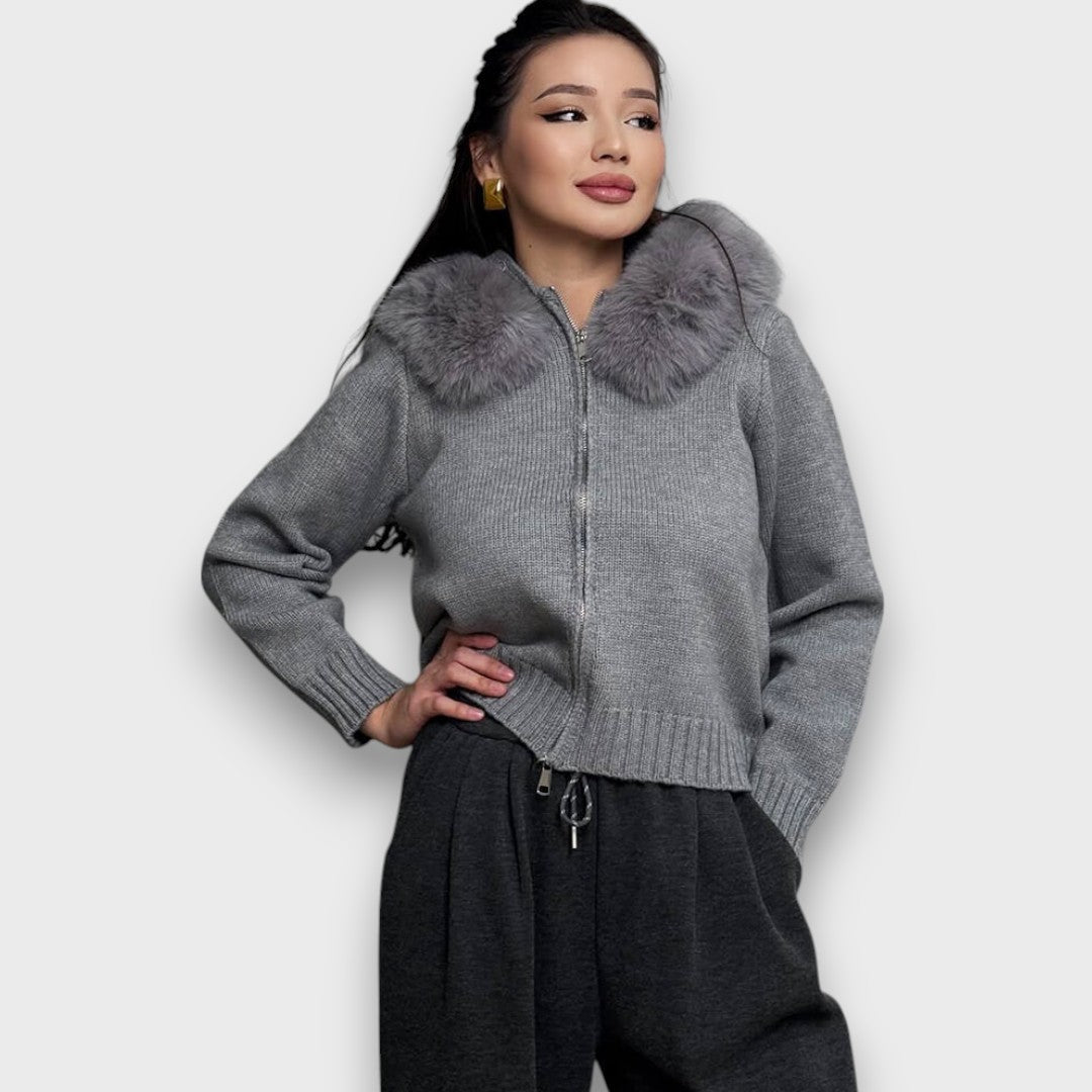 Alisanne – Giacca a maglia con zip e colletto in pelliccia sintetica