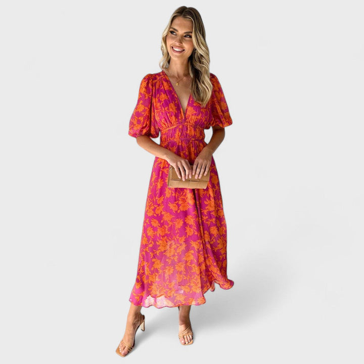Katty | Abito midi floreale con maniche a sbuffo e scollo a V